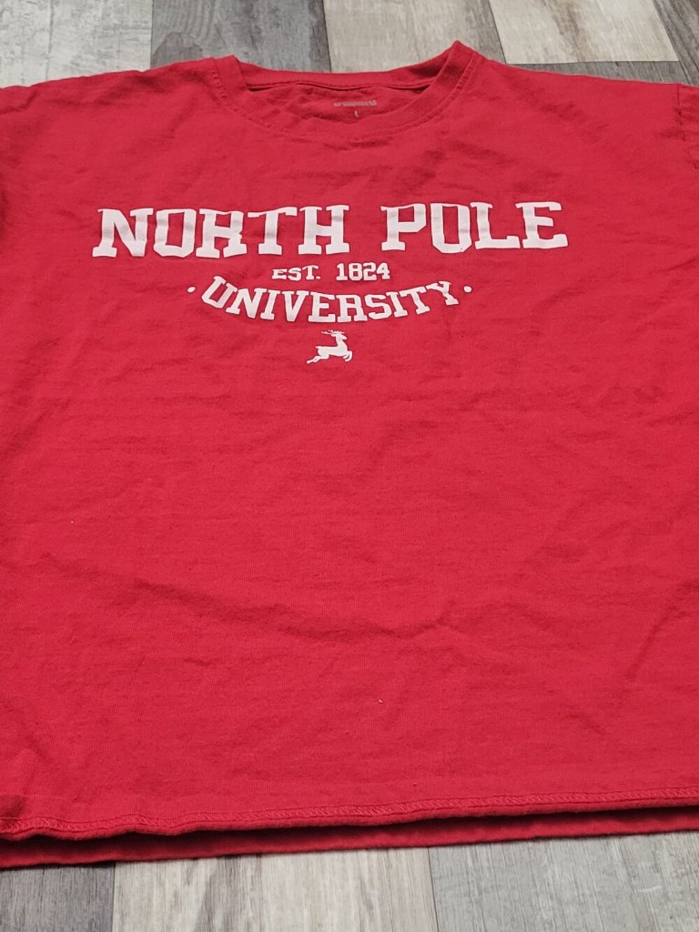 Red North Pole University Christmas Short Sleeve T Shirt, Kid's Size Large